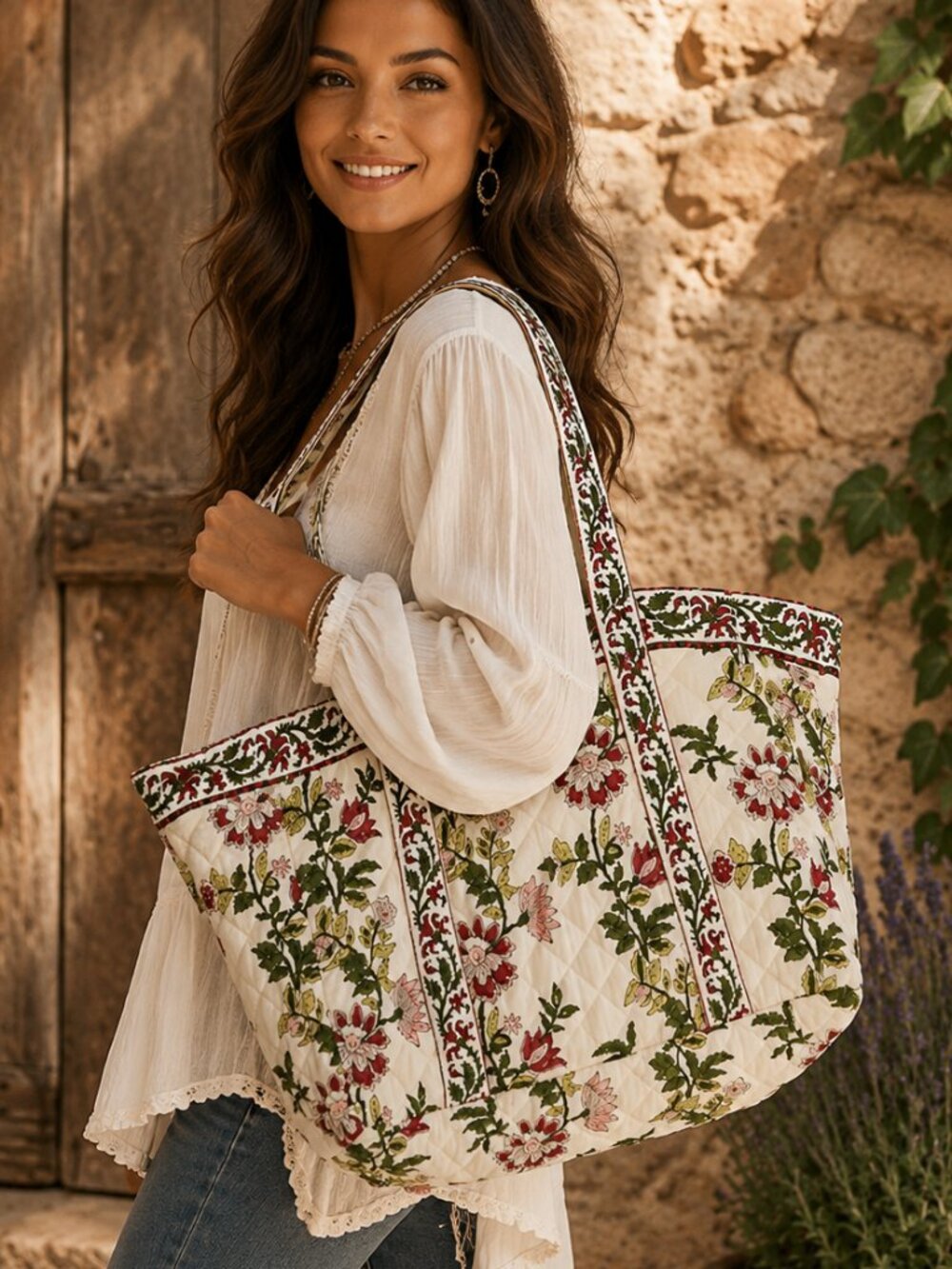 POL Artisan Hand Block Print Quilted Floral Oversized Tote Bag Boho Weekender